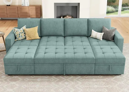 Vista 10 de HONBAY Sofá cama modular modular con cama extraíble, sofá en forma de L con asiento de almacenamiento, sofás seccionales para sala de estar, beige