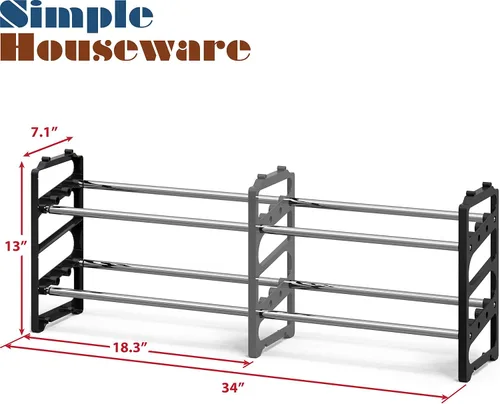 Vista 3 de Simple Houseware Zapatero expandible de 2 niveles (18-34 pulgadas) y apilables con estantes para 8 pares de zapatos, color negro