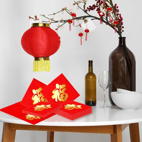 Vista 6 de Decoraciones de Año Nuevo chino-Chino Fu Carácter Oro Foil Servilletas Festival de Primavera Servilletas de papel rojo para suministros de fiesta