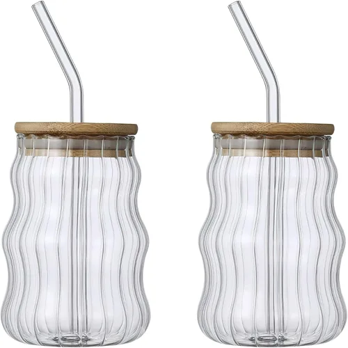 Vista 8 de Paquete de 2 vasos para beber con tapas de bambú y popote de vidrio de 17 onzas con ondas creativas, vasos de vidrio para café helado, refrescos