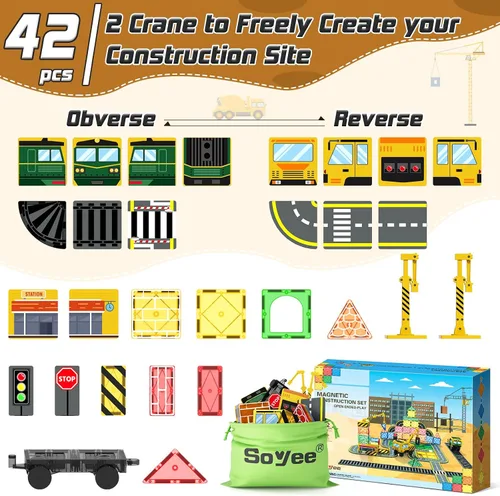 Vista 6 de Magnetic Tiles with 2 Cranes, Magnetic Construction Toys STEM Building Toys