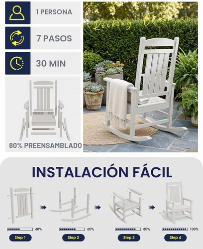 Vista 7 de KINGYES Mecedora de gran tamaño para adultos, balancines de porche, color Blanco