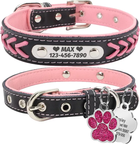 Vista 9 de LINMAGCO Collar reflectante personalizado para perro con campanas, estilo de cuero suave, resistente y ajustable, con placa de identificación Azul