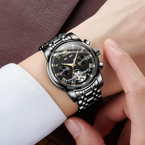 Vista 3 de OLEVS Relojes automáticos para hombre, reloj mecánico automático de vestir Tourbillon de acero inoxidable con doble calendario, impermeable