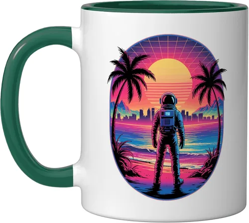 Vista 7 de Vaporwave Synthwave Astronaut Spaceman Science Space Ceramic Mug, Black/White, 11oz