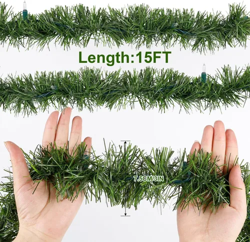 Vista 5 de Biswing Guirnalda verde de Navidad preiluminada de 15 pies, guirnaldas de pino artificial iluminadas con 35 luces multicolor, conectables e