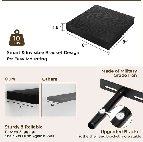 Vista 3 de RICHFOCUS Estantes flotantes de 8 pulgadas para estantes cuadrados de pared para dormitorio, cocina, baño, estante flotante de madera rústica