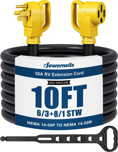 Vista 10 de DEWENWILS Cable de extensión EV RV de 50 amperios, 10 pies, NEMA 14-50P a 14-50R 6/3+8/1 cable de cobre, cable de alimentación EV resistente