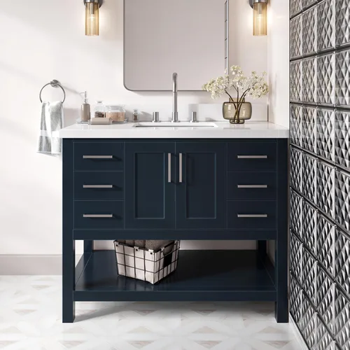 Vista 18 de DKB Isabella - Mueble de baño negro de 42 pulgadas con fregadero, lavabo rectangular, encimera de cuarzo blanco puro y protector contra salpicaduras
