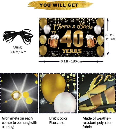 Vista 2 de Pancarta de fondo con texto en inglés "Cheers to 40 Years", decoración de feliz cumpleaños número 40 para hombres y mujeres, fiesta de cumpleaños