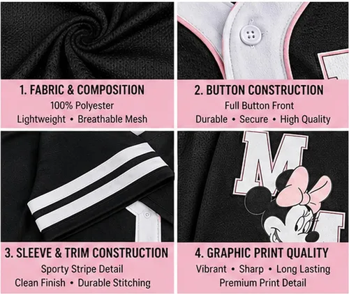 Vista 6 de Womens Baseball Jersey - Short Sleeve Button Down Graphic Tees for Women Béisbol Minnie Negro