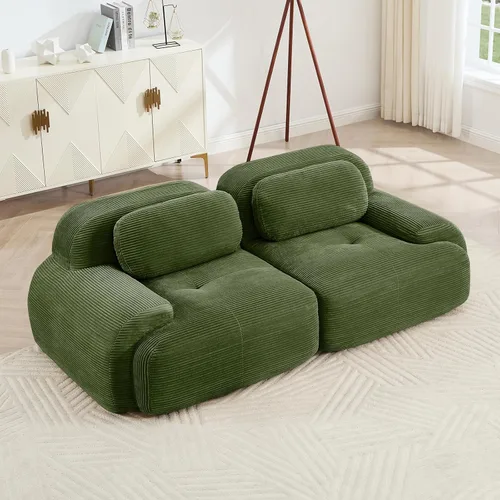 Vista 43 de Sofá moderno comprimido sin armazón de 116", sofás seccionales de 3 plazas para sala de estar, sofá seccional modular de pana verde nube, espuma