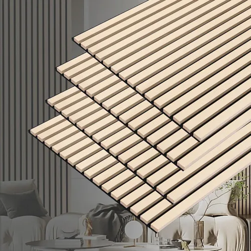 Vista 14 de Paneles de pared acústicos 3D con listones y acabado en madera, paquete de 2 paneles de absorción de sonido para estudio, oficina, sala de estar