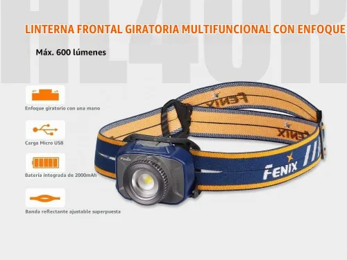 Vista 2 de Fenix HL40R - Linterna frontal LED CREE recargable por USB de 600 lúmenes con zoom y distancia de haz ajustable con cable de carga USB EdisonBright