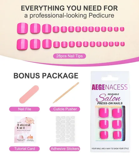 Vista 2 de Uñas postizas a presión para los dedos, color rosa intenso, color sólido, para verano, uñas postizas, kit de pedicura para mujeres, 28 piezas