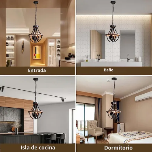 Vista 9 de Lámpara de Araña Estilo Granja, Lámpara Colgante Moderna, Luminaria de Techo Rústica de 4 Luces, Lámpara de Araña Vintage para Pasillo Vestíbulo