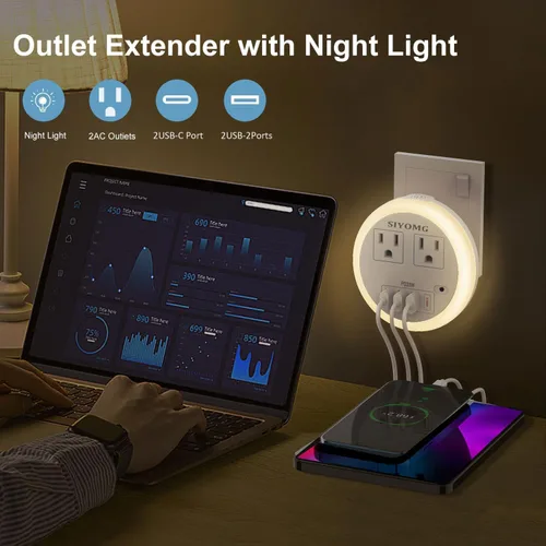 Vista 7 de Luces LED nocturnas enchufables a la pared, luz nocturna enchufable con 4 puertos USB y 2 tomacorrientes, sensor inteligente de atardecer a