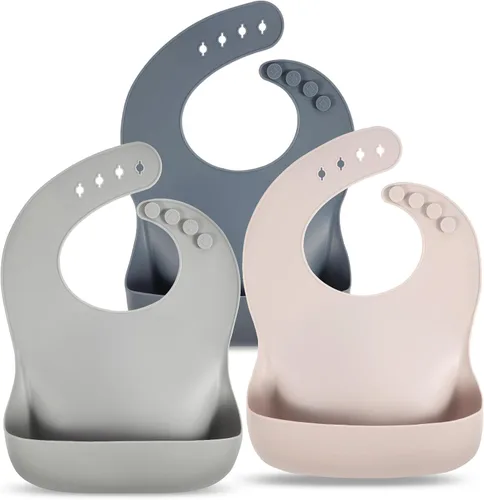 Vista 9 de Eascrozn Juego de 3 baberos de silicona para bebés y niños pequeños, sin BPA, suaves y ajustables impermeables para alimentos esenciales
