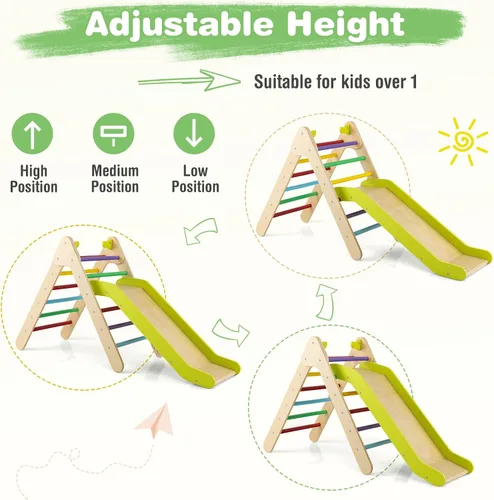 Vista 3 de HONEY JOY Escaladora triangular con rampa, escalera triangular para niños para guardería, gimnasio y parque infantil, juguetes de escalada Colorido