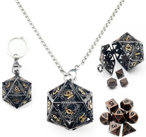 Vista 14 de Haxtec Juego Mini de Dados de Metal DND con Estuche de Collar Hueco Juego de Dados de Metal Pequeños Antiguos Juego de Llaveros D&D Portátil Juego