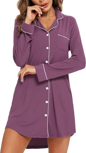 Vista 71 de Samring Camisón de pijama para mujer, manga corta/larga, con botones, camisón para dormir, camisón para novio, talla XXL