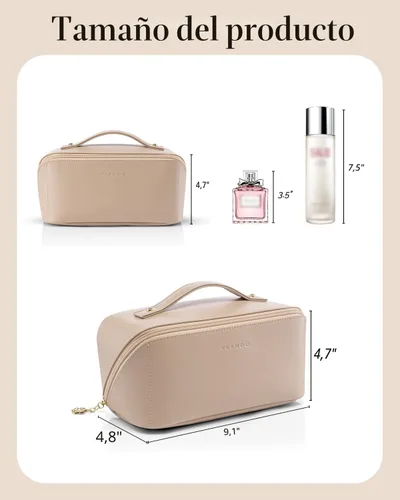 Vista 5 de Vlando Bolsa de maquillaje de viaje, neceser para mujer, piel sintética, abierta, plana, bolsa de maquillaje, Clásico elegante