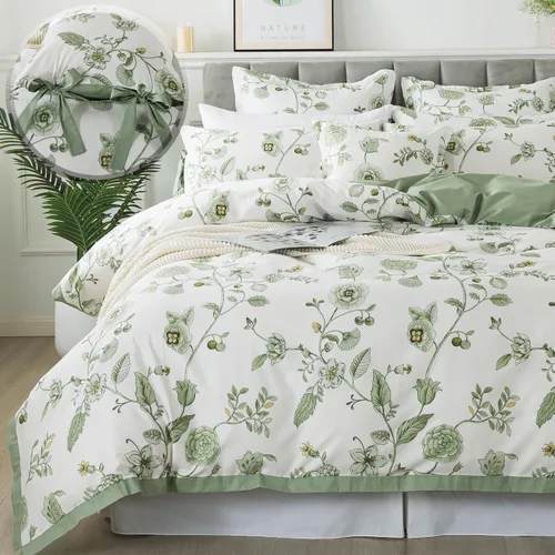 Vista 25 de FADFAY Juego de funda de edredón floral 100% algodón a rayas verdes y beige, ropa de cama de flores desgastadas con diseño de ramas botánicas