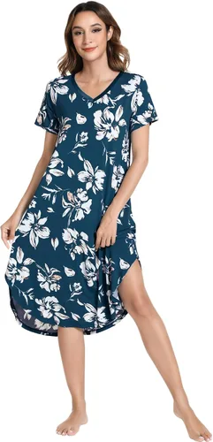 Vista 27 de NACHILA Bamboo Viscose Nightgowns for Women Cooling Short Sleeve Sleepshirt A-aqua Green