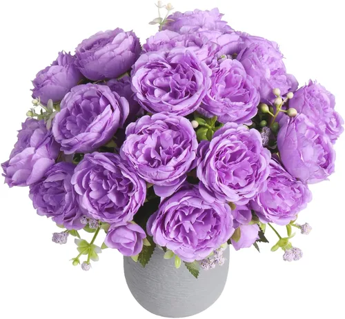 Vista 18 de Flores artificiales de seda, ramo de peonías sintéticas beige, 4 paquetes de arreglos florales para decoración de casa de campo, centro de mesa