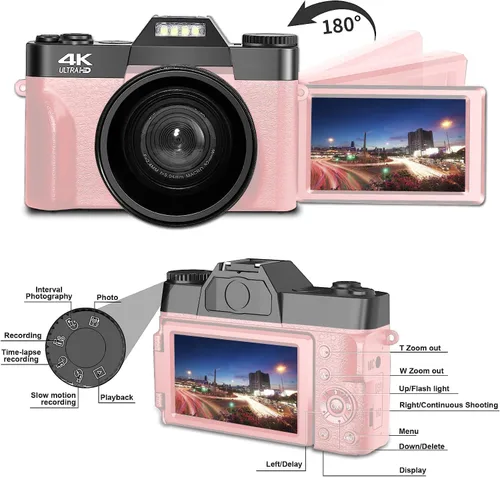 Vista 3 de Acuvar Cámara digital 4K Kit de vlogging de 48MP con micrófono, 2 baterías, lente gran angular, pantalla abatible de 180°, WiFi, zoom de 16X