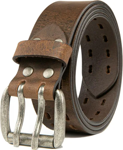 Vista 7 de BG247 Cinturón casual de cuero hecho a mano para hombre con hebilla de doble punta Negro