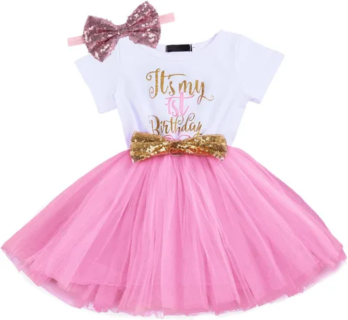Vista 2 de Vestido de tutú de tul con lazo de lentejuelas para recién nacido, con corbatín y texto en inglés "It's My 1st2nd Birthday" para la fiesta