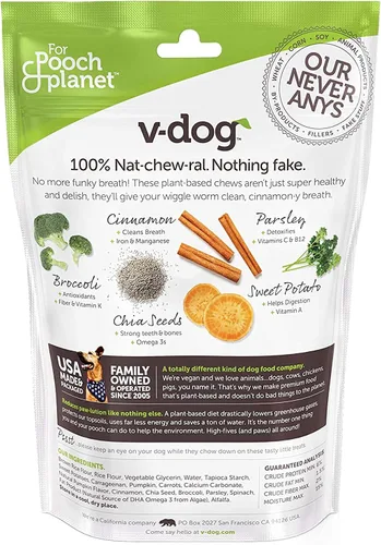 Vista 2 de V-dog Golosinas para perros – Limpieza de dientes veganos Breathbone Dental Huesos – Aliento fresco – 8 onzas – Minis – Todo natural, fabricado