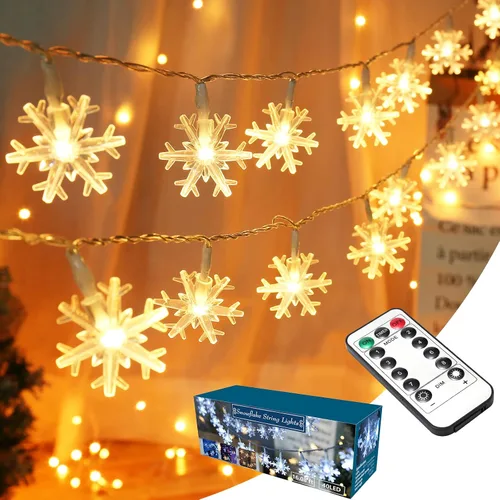 Vista 9 de BrizLabs - Luces de copo de nieve de colores, 40 LED 16.08 pies de luces de Navidad en forma de copo de nieve con control remoto, 8 modos de luces