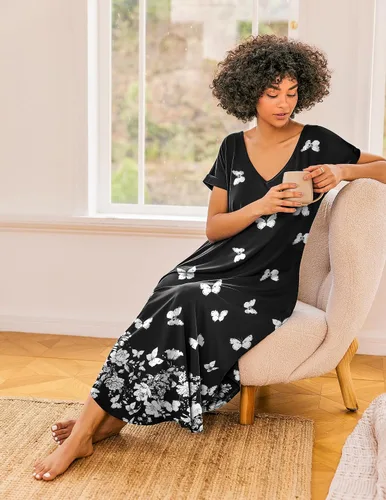 Vista 5 de Ekouaer - Camisones para mujer, diseño suave, largo, con cuello en V y manga corta, ropa de dormir con bolsillos y aberturas laterales, tallas