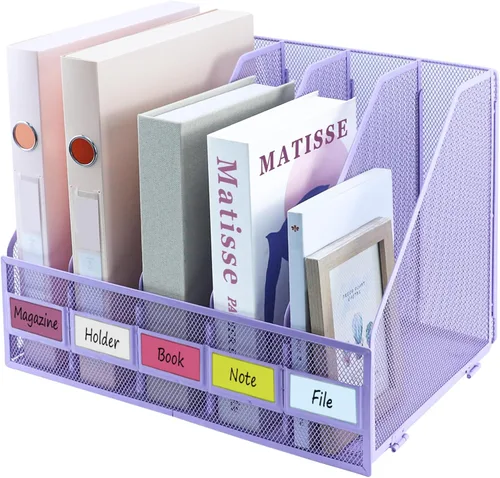 Vista 14 de Organizadores de escritorio, soporte para archivos de revistas de metal con 2 compartimentos verticales, organizador de archivos con encuadernador