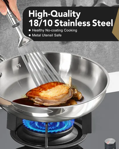 Vista 3 de MICHELANGELO Sartén de acero inoxidable de 8 pulgadas, sartén pequeña con base triple, sartén de acero inoxidable con mango ergonómico, compatible