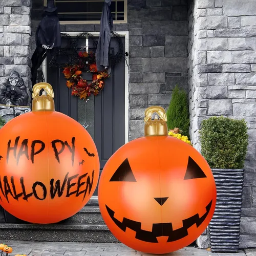 Vista 4 de Jetec 2 piezas inflables de Halloween de 24 pulgadas, decoración al aire libre de PVC colgante de calabaza gigante para árbol, feliz Halloween