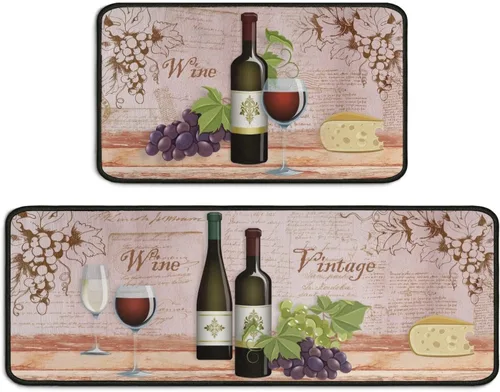 Vista 12 de Juego de 2 tapetes de cocina negros antideslizantes y lavables, juego de 2 tapetes decorativos antifatiga para áreas de cocina y comedor, decoración