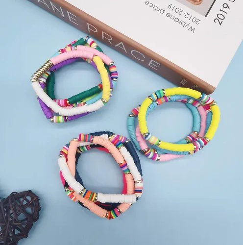 Vista 7 de CASDAN 14 pulseras Heishi para mujer con cuentas de disco de vinilo arco iris Srting Stack pulsera surfista cuerda elástica pulseras verano playa