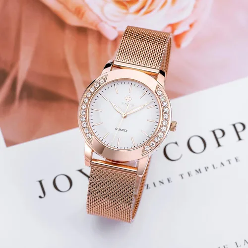 Vista 4 de Relojes de moda para mujer, reloj de pulsera de malla de acero inoxidable de oro rosa, elegante, regalo para mujer, reloj de pulsera impermeable