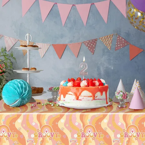 Vista 6 de Tiamon 3 manteles de plástico con diseño de arco iris y estilo hippie retro para mesa rectangular, desechables, margaritas y flores de arco iris