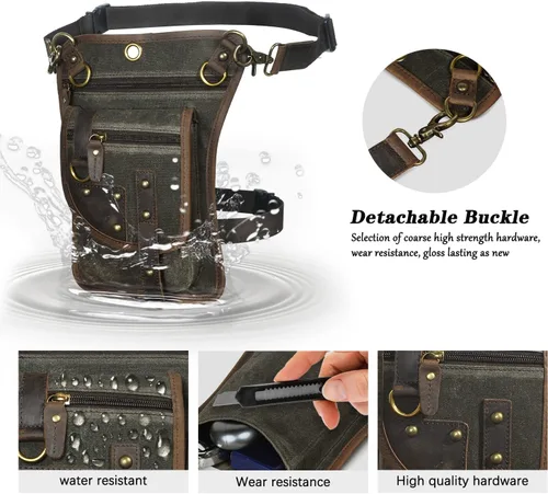 Vista 4 de Handadsume Lona resistente al agua + cuero para motocicleta, viajes, riñonera de viaje, bolsa de pierna para hombres y mujeres FB2141, 2141-El verde