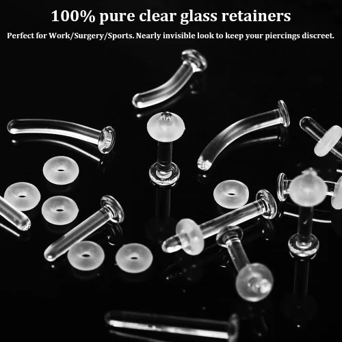 Vista 3 de 12pcs Glass Piercing Retainers Set for Work/Surgery/Sports, 18g 16g 14g Curved Clear Nose Studs for Cartilage Tragus Conch Daith Helix Lip Nose