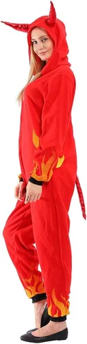 Vista 3 de AERO ARMOR Disfraz de diablo de fuego para mujer, disfraz de Halloween con capucha, pijama de demonio rojo, overol de cosplay