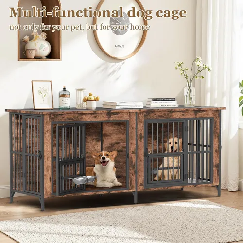 Vista 5 de Mueble de jaula para perros, jaula doble para perros con parte superior de almacenamiento y cuencos giratorios para alimentos, perrera decorativa