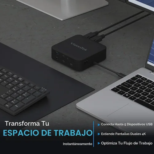 Vista 4 de VisionTek VT1200DL - Estación de acoplamiento USB-C dual 4K - 2 puertos HDMI, 2 puertos DisplayPort, paso de alimentación de 100 W, base universal