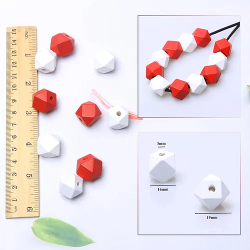 Vista 4 de 100 cuentas geométricas de madera de 0.630 in, cuentas espaciadoras de madera con forma de polígono rojo y blanco para proyectos de manualidades