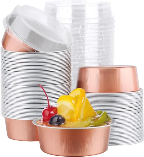 Vista 15 de EUSOAR Ramequines desechables con tapas, 50 unidades de papel de aluminio para hornear, moldes de 5.1 fl oz para cupcakes para tartas, quiche Lluvia