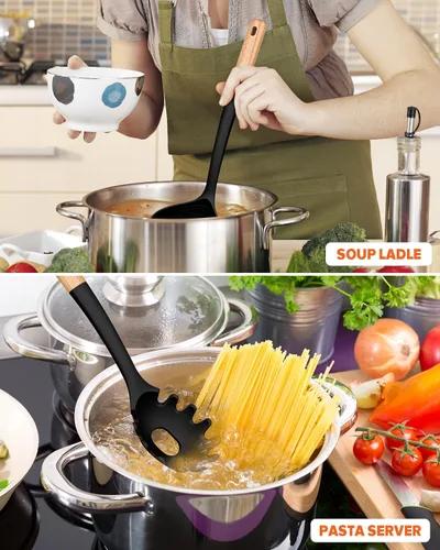 Vista 3 de Juego de tenedor y cucharón para pasta, perfecto para servir sopa caliente, remover y salsa de pasta, silicona mate libre de BPA, cuchara